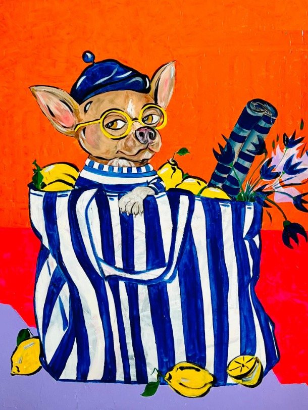 Chihuahua in a Striped Bag, painting by Oana Cocindau